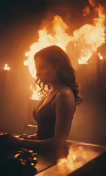 a woman is playing on a sound equipment in a room