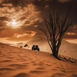 an suv parked in the desert with sun rising behind it
