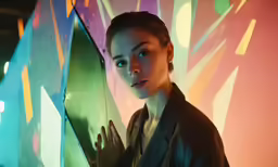 a woman wearing a jacket stands in front of a colorful background