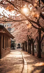 a small stone street with cherry blossoms growing on trees