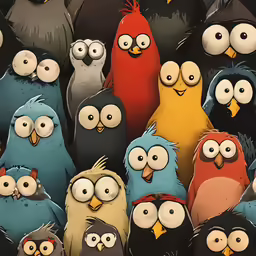 many different colored birds with black wings on them