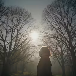 a person with trees behind them at sunrise