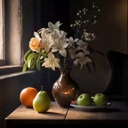 two bowls sit on a table, near a vase with white flowers, three pears and three oranges