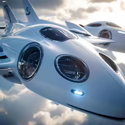 three futuristic looking planes with glowing lights in front