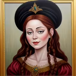 this painting shows a lady in costume with long red hair,a painting of a woman in a black hat