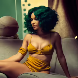 a woman sitting on a couch with an extra long green hair
