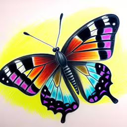 a butterfly that is in color next to a wall,a colorful butterfly painted on white paper,a drawing of a colorful butterfly on a white background,a colorful butterfly on white background with one large butterfly in the middle,a painted picture of a butterfly that is colorful