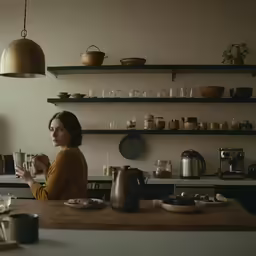 a woman at a kitchen counter eating with food