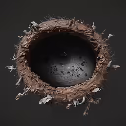 a round mirror is covered in branches and other objects