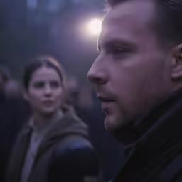 a man in the background staring at something on his face
