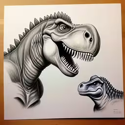 a pencil drawing of two dinosaurs fighting,a drawing of two dinosaurs that appear to be biting each other