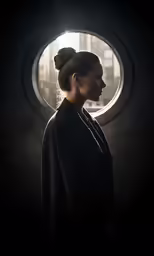 a woman standing next to a round window