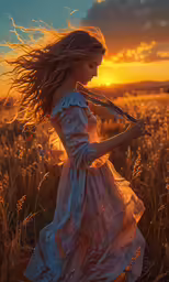 a girl wearing a long flowing dress walking through an open field
