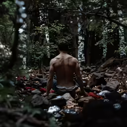 a man with no shirt on walking in a forest