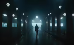 a person walking down a dark street with bright lanterns on the ceiling