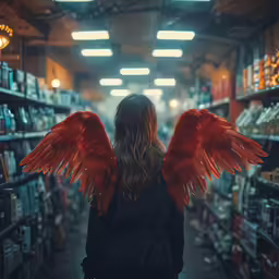 woman with bright red wings standing in the aisle