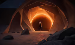 woman standing inside an open space tunnel between rocks