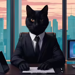a cat wearing a black suit and tie sits at a desk with a laptop