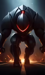 a large robot on a dark background in front of some bright lights