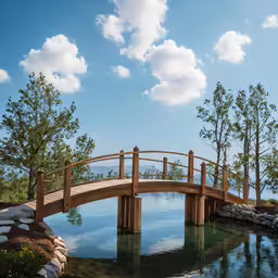 a bridge crosses over a still body of water