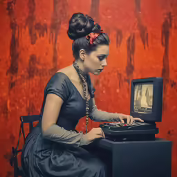 a woman sitting at a computer on top of a desk