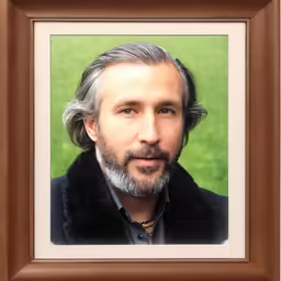 a man with grey hair and long white hair wearing a coat