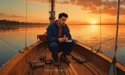 a man sitting on a boat eating from a bowl,a man holding a plate on top of a boat