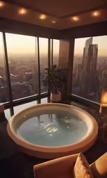 a hot tub overlooking the large windows of the city