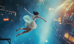 the girl in the dress is leaping into the air