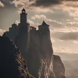 a castle with a lighthouse atop the mountain side