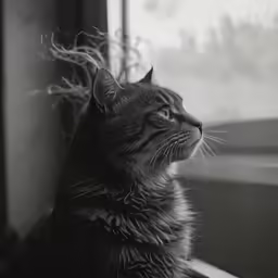 a black and white photo of a cat looking out a window