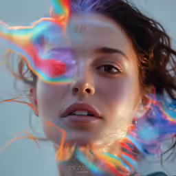 a woman with an artistic make - up and hair blowing in the wind