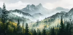 a painting of a mountain landscape with pine trees