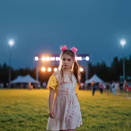 the little girl is standing on the grass