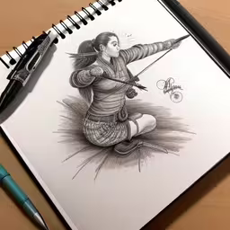 there is a drawing of a girl sitting in the grass holding her bow and arrow,a drawing of an asian woman aiming a gun,this pencil drawing is of a girl with a bow, aiming the arrows,a drawing of a girl with a bow and arrow in her hand,a pencil drawing of a female fighter aiming an arrow