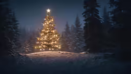 there is a lighted christmas tree that is in the middle of a snowy field