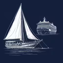 a blue and white drawing of a boat next to a large ship