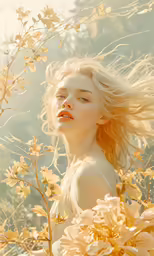the blond woman is standing in a field with her hair blowing in the wind