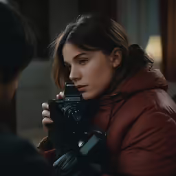 a woman holding up a camera to take pictures