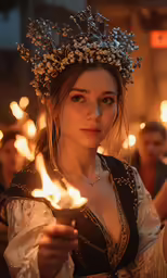 a girl dressed in medieval garb holds a lit candle