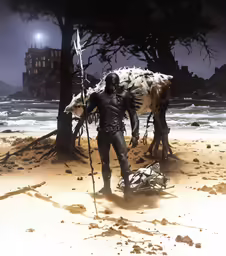 two men walking across a desert with animals