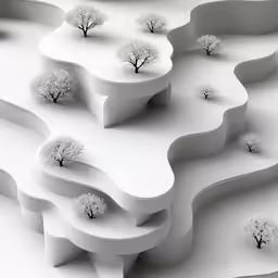 a 3d - generated landscape of many benches with trees