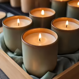 there are many different candles in the wood tray