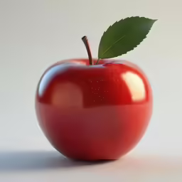 a red apple with a leaf placed on a table