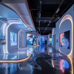 the room has art on all sides and walls,a large white space is decorated with art