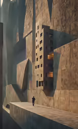 a person walking away from a large wall
