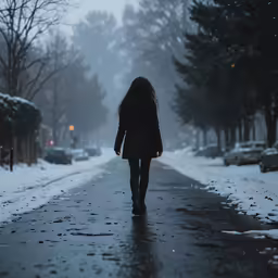 a woman walking down a snow covered street