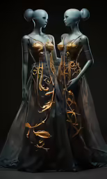 the back view of two mannequins dressed in evening dresses