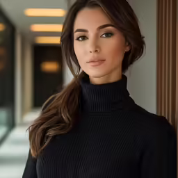 a woman wearing a black turtle neck sweater