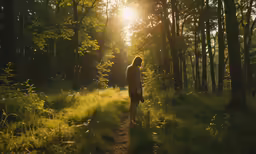 woman standing in the forest at sunset wearing a dress